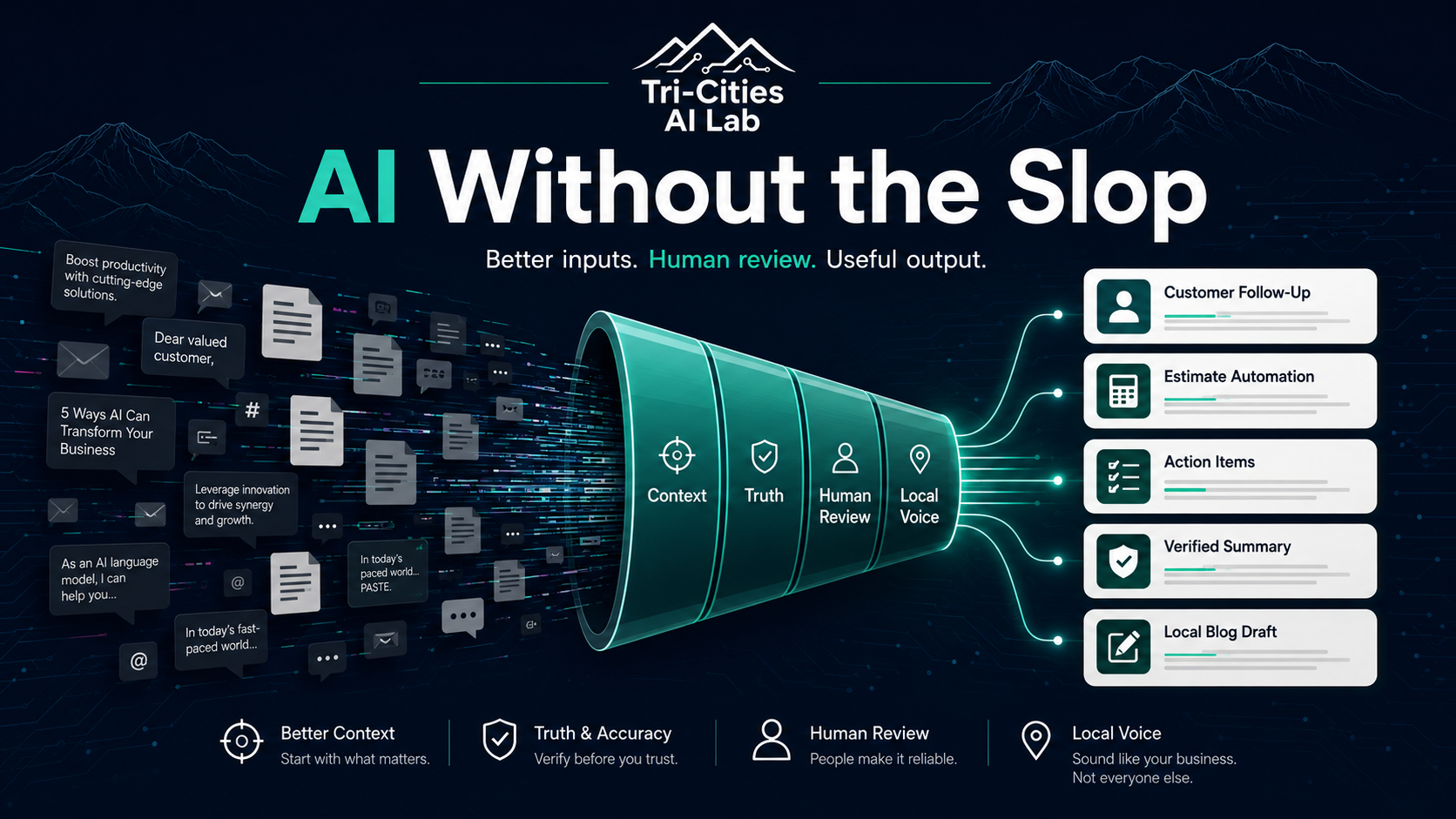 AI Without the Slop: slop goes in, filtered through Context, Truth, Human Review, and Local Voice, useful output comes out