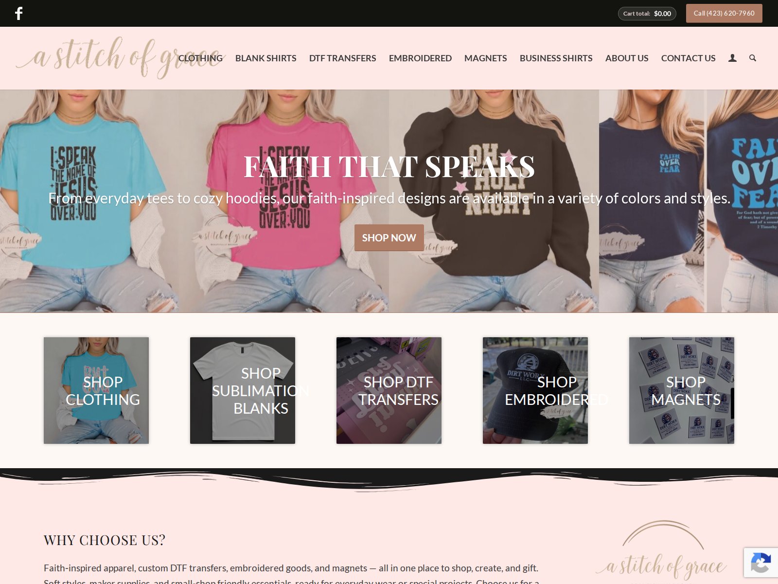 Screenshot of the A Stitch of Grace website homepage