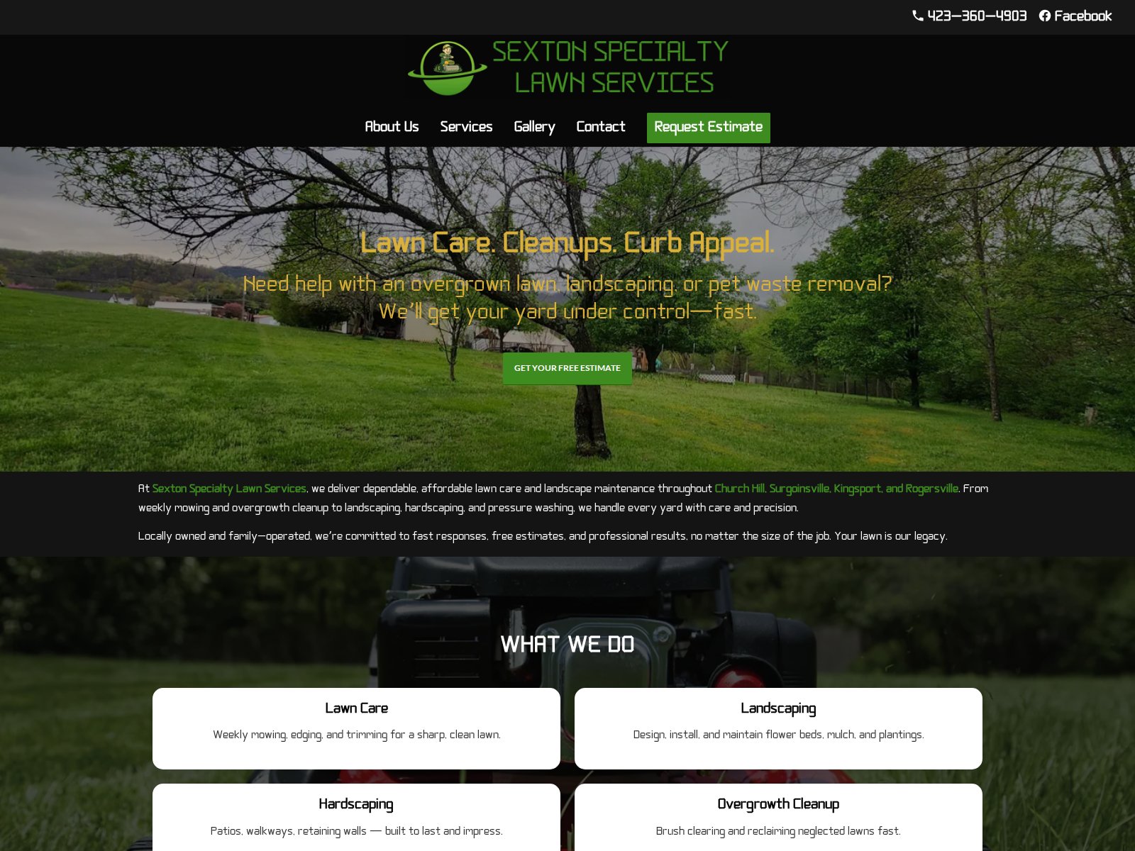 Screenshot of the Sexton Specialty Lawn Services website homepage